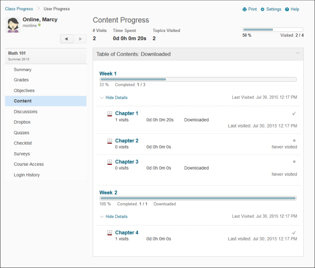 Content Progress showing a download from Table of Contents (all course files), a Module download (Week 2), and individual Topic downloads