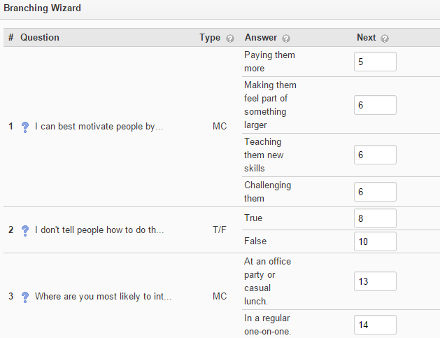 Using the branching wizard to craft a quiz that can lead to many different outcomes depending on the user's answers