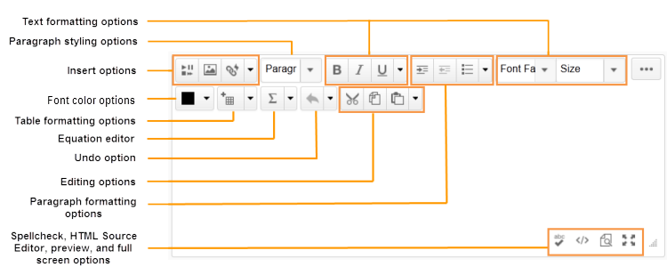 Design view of HTML Editor with editing options called out