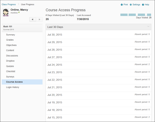 The User Progress interface with the Summary view of a course selected.