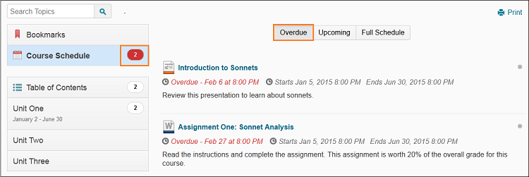 The Overdue tab lists overdue assignments in the Course Schedule area of Content