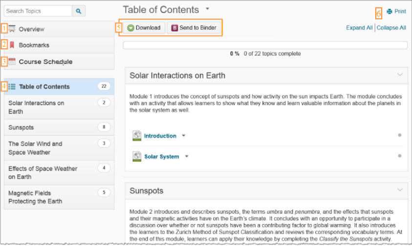 The Content tool interface for learners