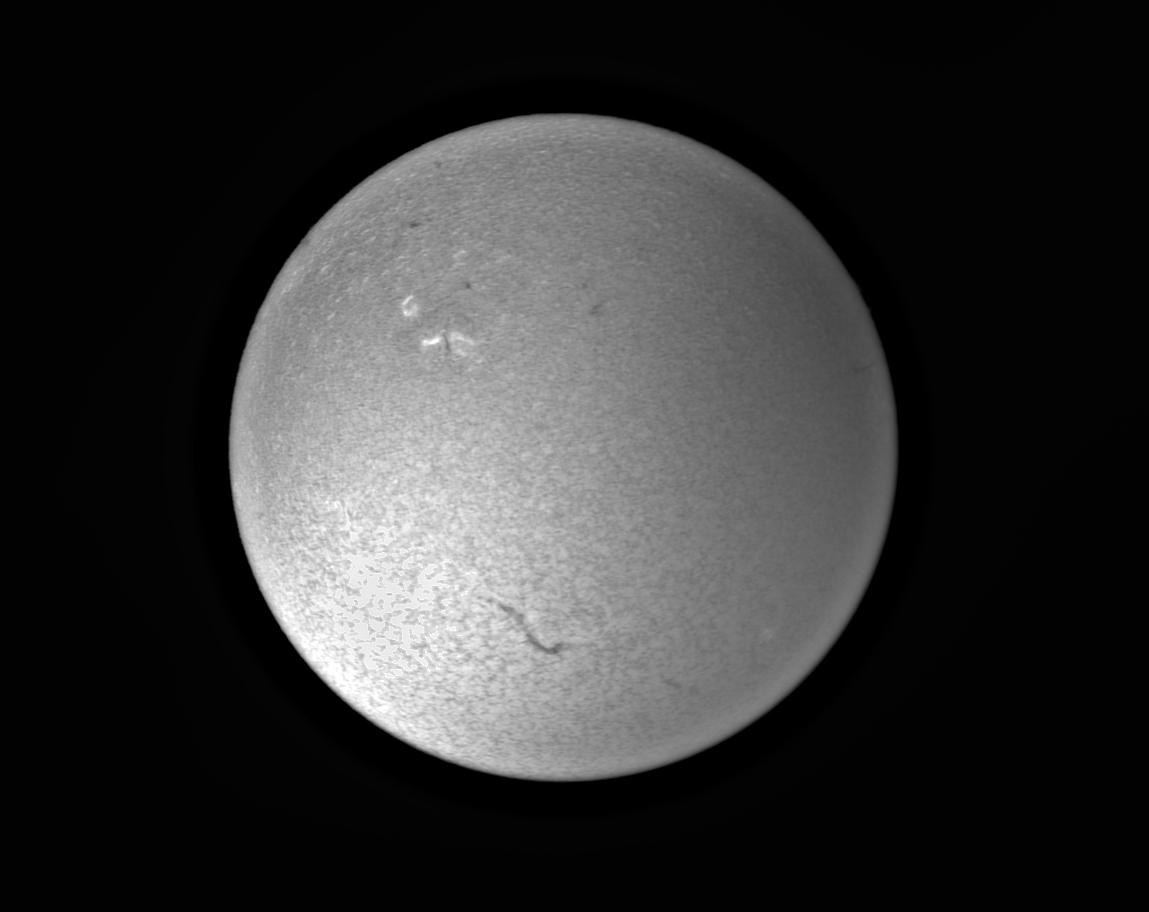 Grayscale image taken using the H-alpha telescope. Active regions of the solar surface show as bright areas called 'plages'. The dark streak is actually a loop of gas above the surface called a 'filament'.