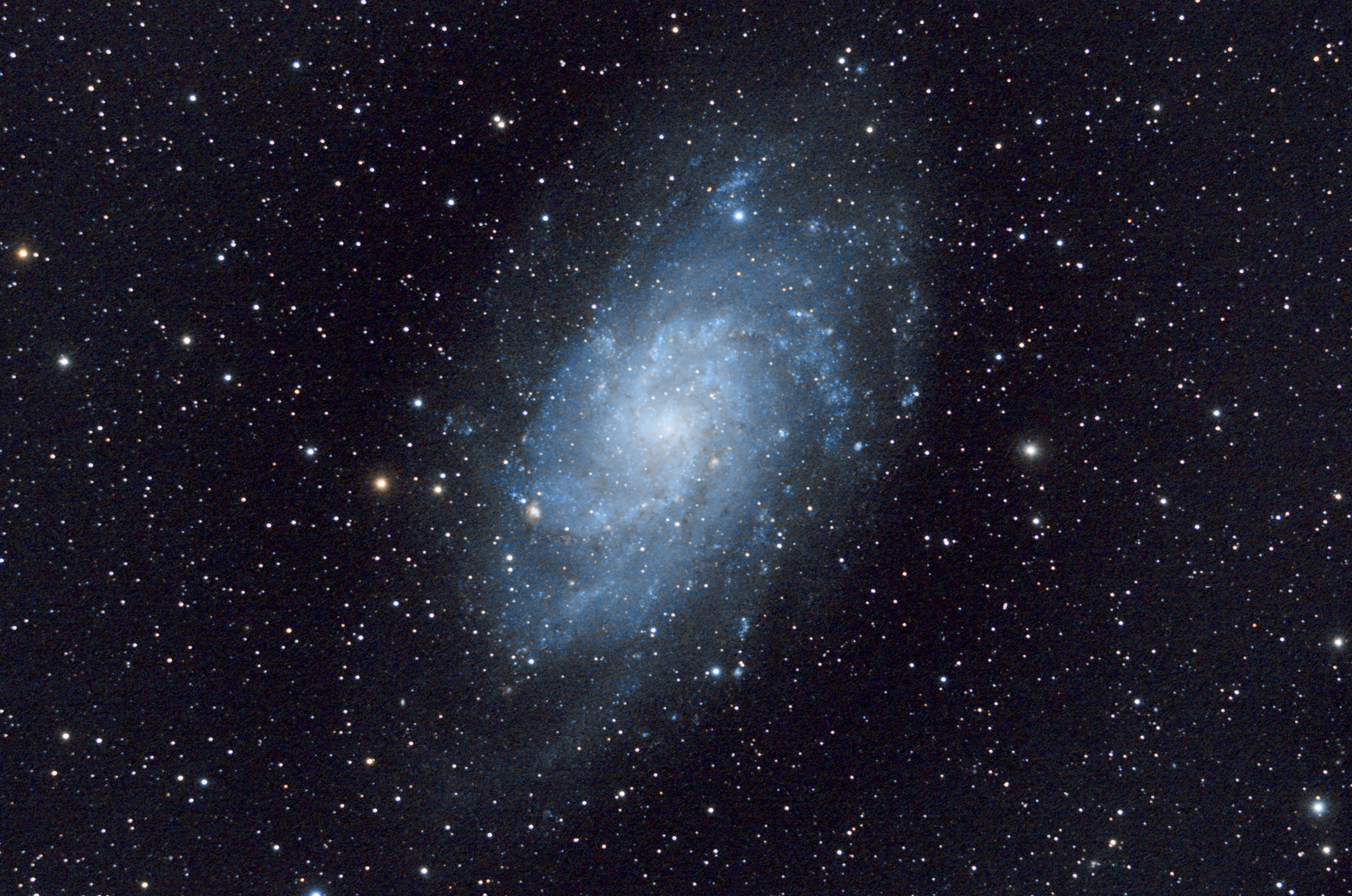 This is an image of the Triangulum Galaxy, taken with a Z103 telescope and a ZWO ASI 294MC-P camera to take color images, with a field flattener with a magnifier of 0.8x. There was a light pollution filter used,
with the frames taken at a farm outside Livingston over the course of about forty minutes. It is looking at a region of the sky of about 1°56’ by 1°19' in size.