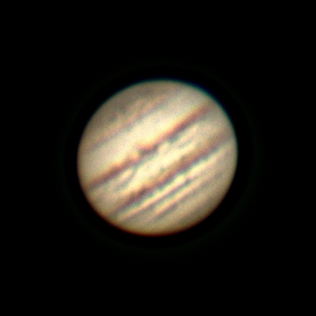 Various cloud bands in the planet's upper atmosphere can be seen. Unforunately the famous 'red spot' was not visible on the evening these images were taken.