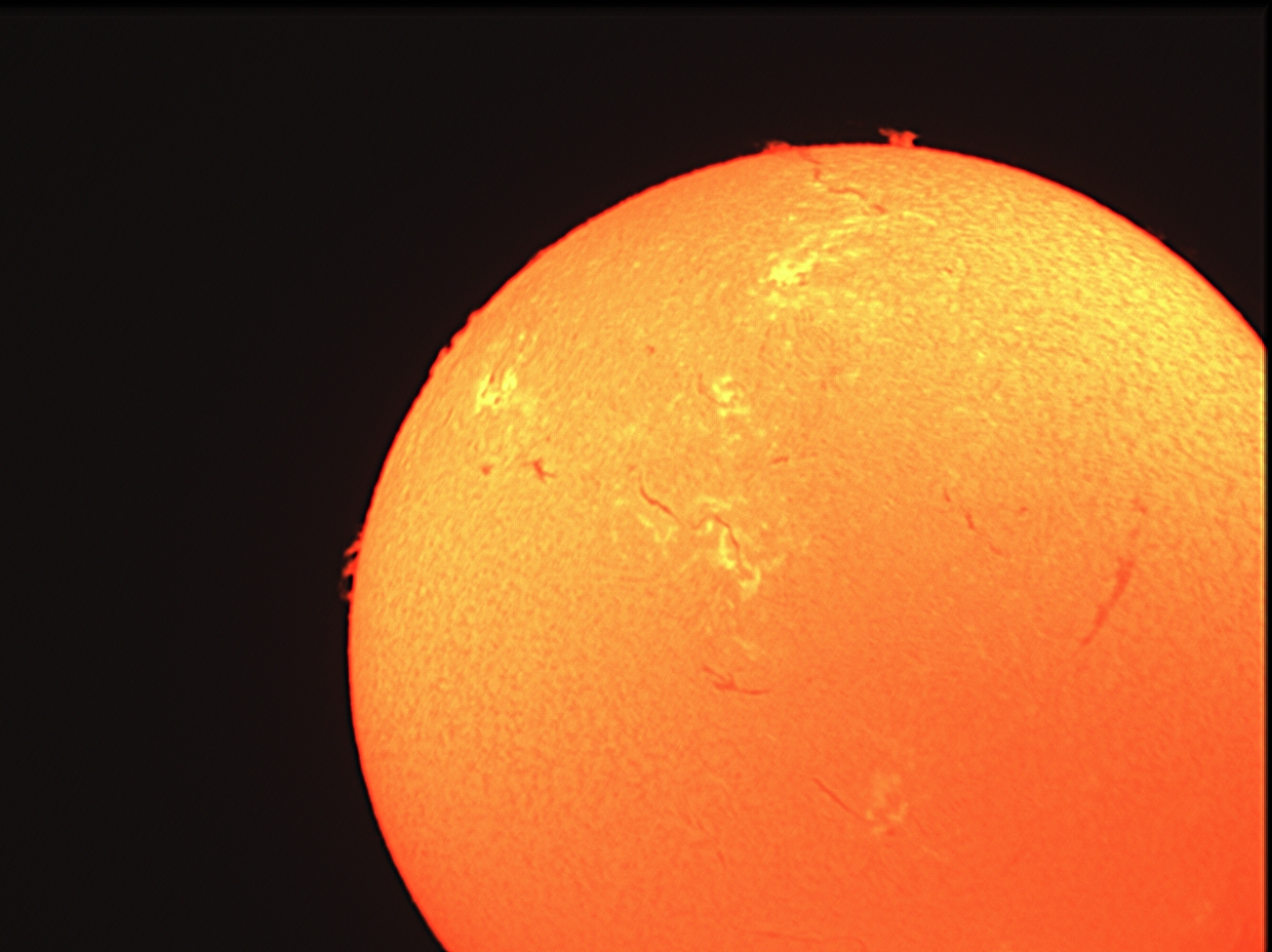 This image was compiled from a series of images captured in October of 2023. Shown is the diverse texture of the Sun’s surface. There are patches where the surface is light, called solar faculae, on the base granulated surface. Towards the top and side of the sun  solar prominences can be seen. The dark streaks (sometimes called filaments) are also prominences, but appear dark when seen contrasted against the solar photosphere.